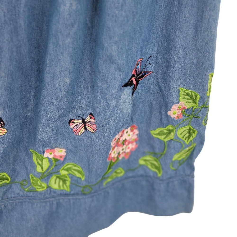 Vintage Denim Midi Dress S Blue Floral Butterfly Embroidered Puff Sleeve Kidcore - Picture 9 of 16